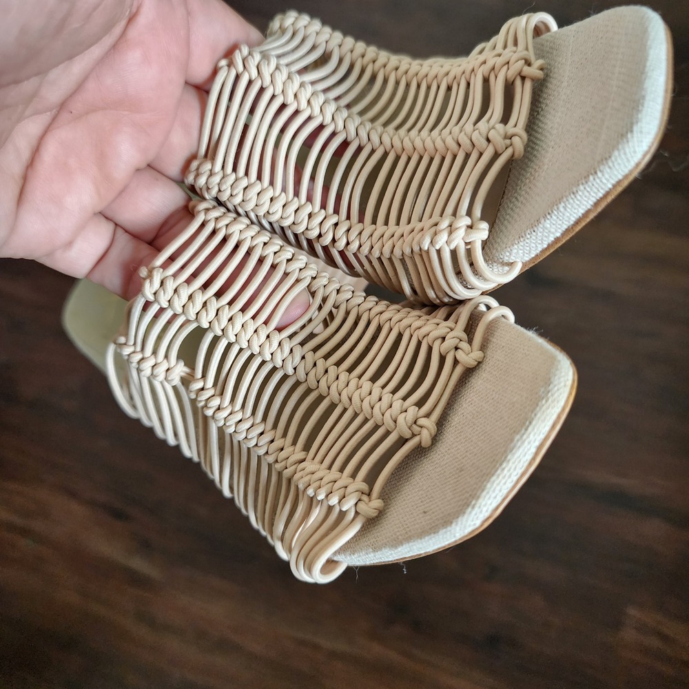 Sam Edelman Laurette Macrame Block Heel Sandals Beige Cream Square Toe Mule 5.5M - Picture 2 of 7